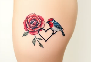 Small red rose and red robin with a infinity heart on hip tattoo idea