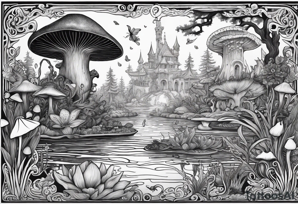 A bayou that has cypress trees, mushrooms, lily pads, frogs, and bugs with a mermaid in the background that is singing music. tattoo idea