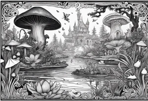 A bayou that has cypress trees, mushrooms, lily pads, frogs, and bugs with a mermaid in the background that is singing music. tattoo idea