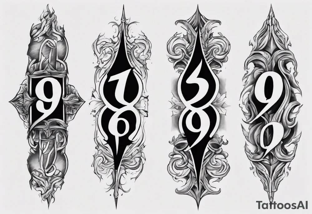 number 9 right side up and upside down connected tattoo black and grey on inside forearm 9:16 aspect ratio tattoo idea