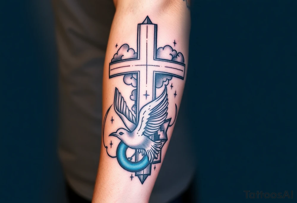 Big cross with clouds in the back everywhere  with a dove a the bottom left of the forearm with a blue circle ring it and the number 4 to the of the dove with whole tattoo covering the whole forearm and add fire and make sophisticated tattoo idea