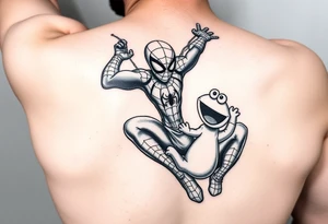 spiderman swinging from a web saving elmo tattoo idea