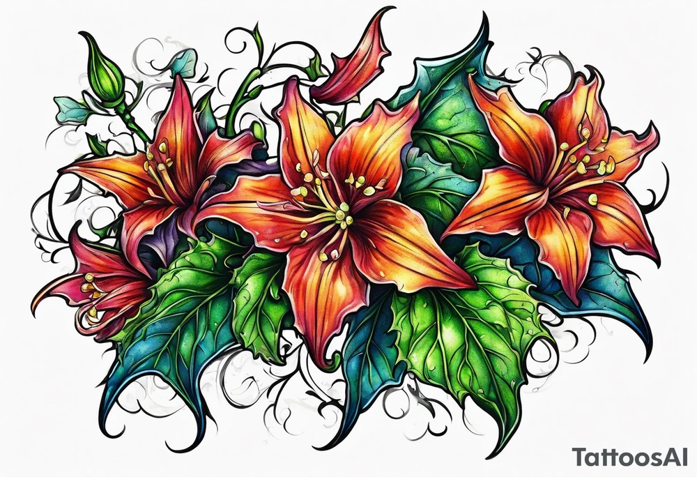 Vines flowers bat stars tattoo idea