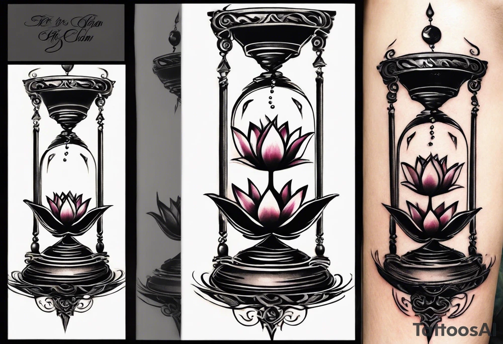 Tattoo Design on forearm Instructions:

Central Hourglass: Place in the middle; dark sand at the top, light sand flowing down.
Lotus Flower: Grow from the base of the hourglass, symbolizing growth from hardship.
Family Scene: On one side, depict two boys holding hands, looking up at a larger protective mother figure.
Betrayal Symbolism: Add a broken chain near the hourglass's bottom; a rising phoenix beside it.
Pathway of Growth: A path with stepping stones leading upwards; include a koi fish, crane, and yin-yang symbols.
Asian Elements: Scatter cherry blossoms, waves, and wind patterns; add Kanji for key values like "loyalty" and "strength."
Color and Style: Use black and grey with hints of pink, white, and orange.
Placement: Best as a sleeve or back piece for full detail and flow. tattoo idea