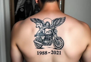 the year 1958 - 2021 with a motorcycle on it with guardian angel wolves tattoo idea