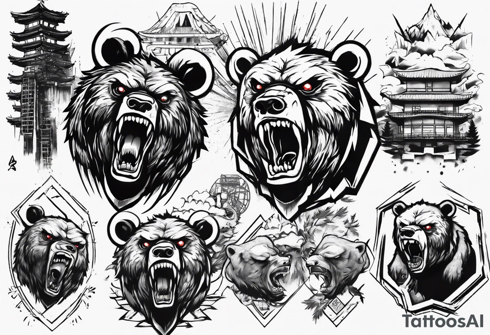 Angry bear coming up behind a city tattoo idea
