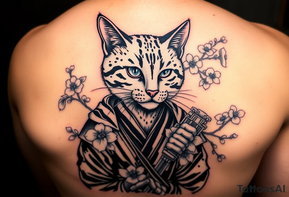 Bengal cat that’s missing one eye , dressed as a Japanese samurai warrior surrounded by cherry blossoms tattoo idea