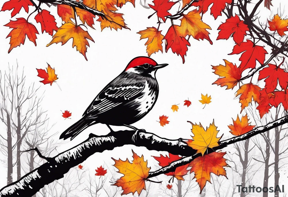 trash polka style. Arm tattoo. chest tattoo. Long tattoo. large tattoo. Full sleeve. Shoulder. A single large maple tree with red autumn leaves that branches upwards from wrist to shoulder. White-throated dipper bird on the trees branches. Calluna flowers at the base of the trees stem. Red/yellow sunset behind the trees stem. Leaves falling. tattoo idea
