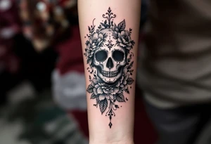 Half sleeve with flowers lace bold and beautiful skulls and lace tattoo idea