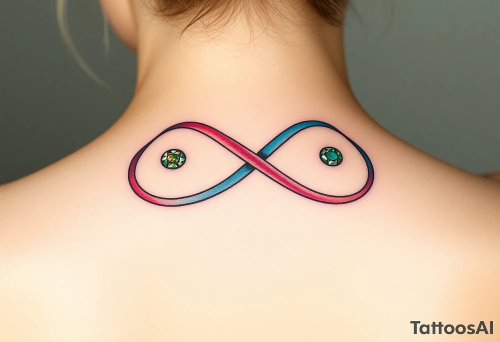 an infinity symbol with 5 colors of ribbons 3 march birthstone color, 1 october birthstone color, and 1 july birthstone color tattoo idea