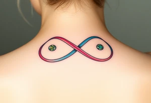 an infinity symbol with 5 colors of ribbons 3 march birthstone color, 1 october birthstone color, and 1 july birthstone color tattoo idea