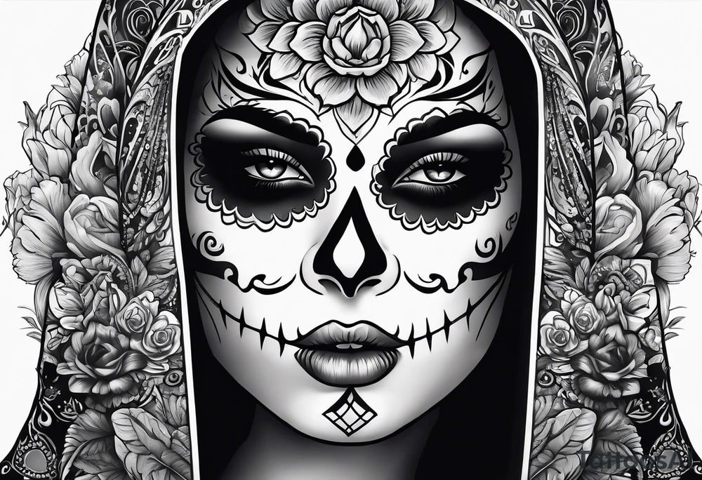 ghostly, dark, woman's face, day of the dead, zoomed out, white border tattoo idea