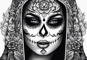ghostly, dark, woman's face, day of the dead, zoomed out, white border tattoo idea
