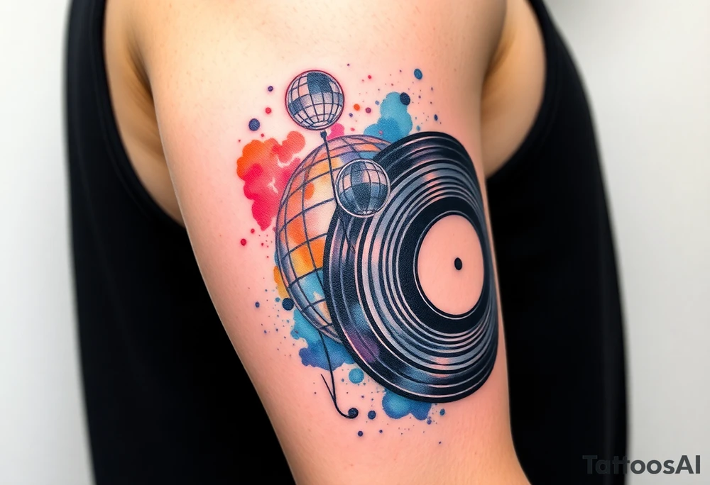 vinyl record and disco ball tattoo idea