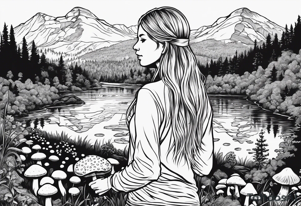 Whole picture encircled fully

Straight long blonde hair hippie girl in distance holding mushrooms in hand facing away toward mountains and creek surrounded by mushrooms long sleeve shirt and hiking pants; whole rendering within a full circle, no cut off circle tattoo idea