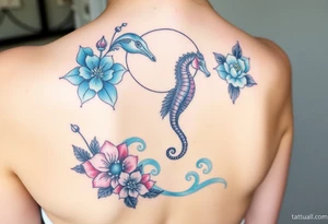 Sea horse flowers moon and waves tattoo idea