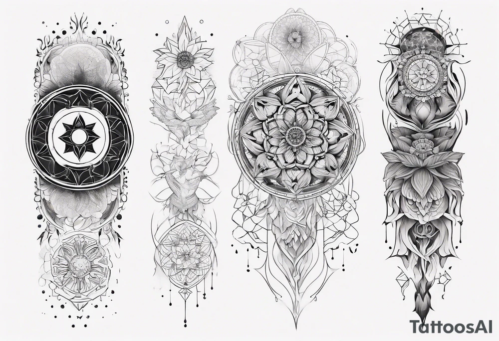 Sleeve tattoo on a woman's arm. Phoenix and mandala Flower of life and mandala Metatron's cube sacred geometry tattoo idea
