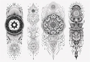 Sleeve tattoo on a woman's arm. Phoenix and mandala Flower of life and mandala Metatron's cube sacred geometry tattoo idea