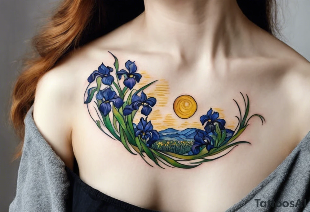 Create a small Vincent van Gogh Irises tattoo. The tattoo should take the form of a crescent, with vines gracefully intertwining at a central point in the middle of the wreath with a bird. The intended placement is on the upper chest. The overall design should be small in size while maintaining a delicate and artistic aesthetic. Pay attention to the graceful flow of the vines and the placement of the irises to achieve a refined and elegant look. tattoo idea