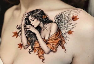 Alfons Mucha’s angelic woman leaning into autumn winds, dressed in burnt sienna fabrics and surrounded by ochre leaves. tattoo idea