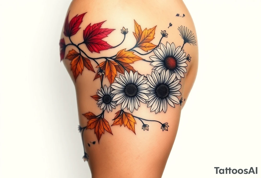 Create a vine with Maple leaves in red, orange and brown and gerbera daisies connected with thin swirly lines. Add in a dandelion wish and a dragonfly tattoo idea