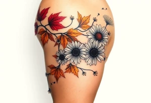 Create a vine with Maple leaves in red, orange and brown and gerbera daisies connected with thin swirly lines. Add in a dandelion wish and a dragonfly tattoo idea