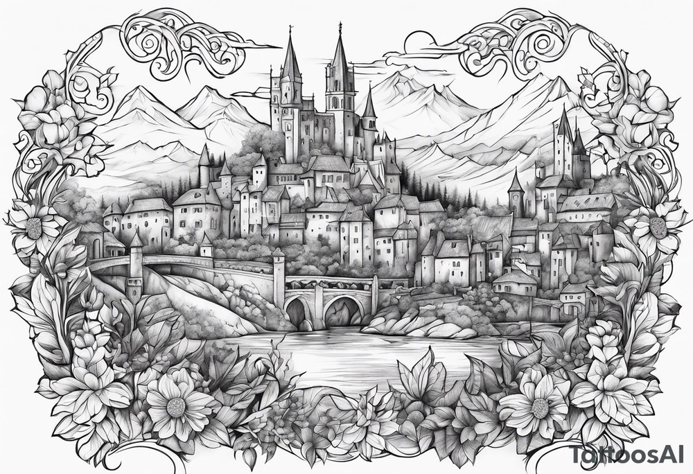 medieval tribal city
floral land sky vignette tattoo idea