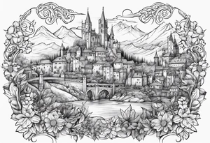medieval tribal city 
floral  land sky vignette tattoo idea