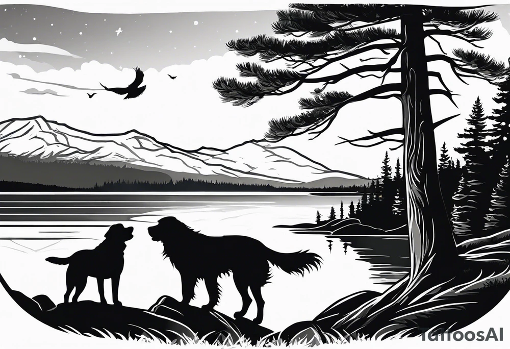 Sleeve tattoo windswept pine tree before lake with low hills on far side of lake. Mastiff silhouette in the foreground. with a dock coming out from the shore. Canadian shield. 
Include the words: "If the sun refused to shine
I would still be loving you
When mountains crumble to the sea
There will still be you and me" tattoo idea