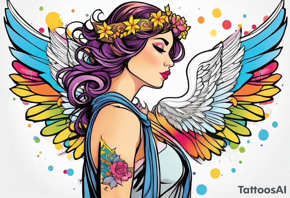 comic book style art, girl angel side profile, with wings, with floating halo, anime style tattoo idea