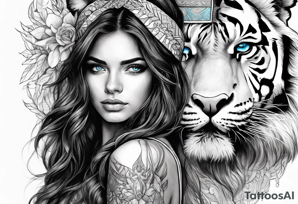 attractive brunette girl with blue eyes with tiger headdress tattoo idea