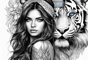 attractive brunette girl with blue eyes with tiger headdress tattoo idea