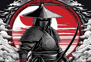 Black abstract of ronin with his katana drawn standing sidewise with a red sun in back groun to show pride tattoo idea