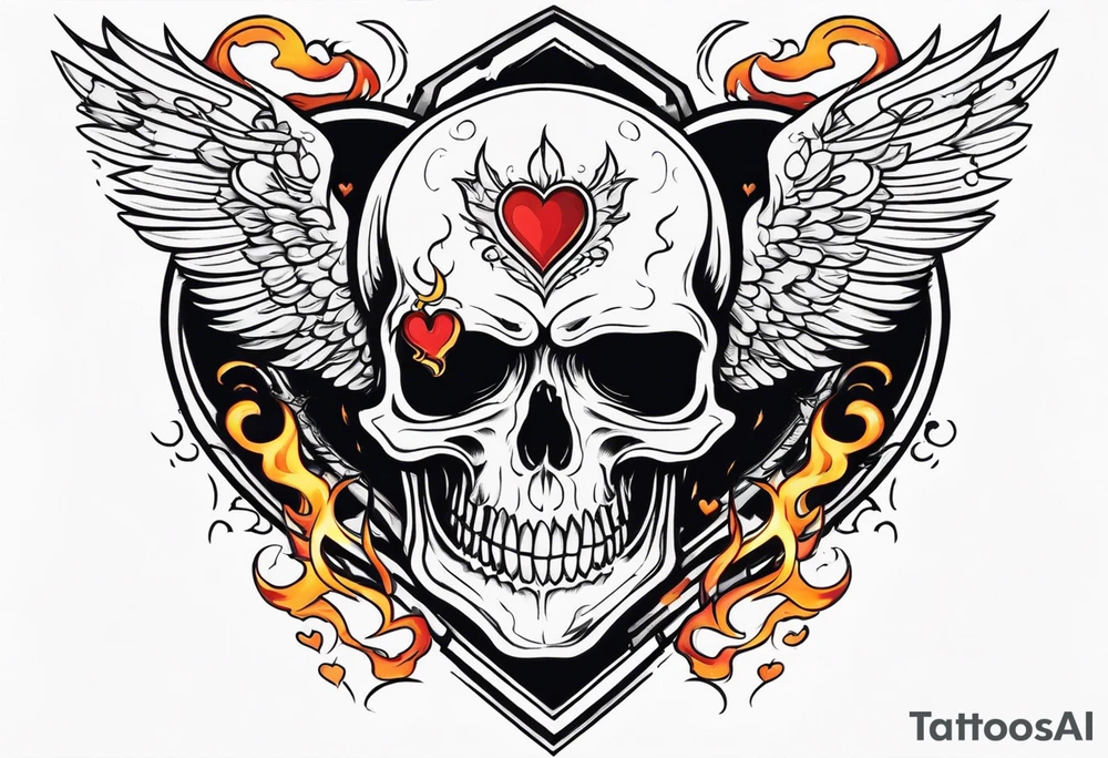 skull with a gun dominated by a  heart with wings and  flames coming out of the top of it tattoo idea