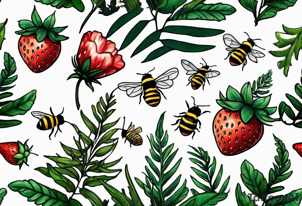 a delicate coloured realistic forest floor inspired tattoo, which must include: grass, ferns, small strawberries, a small flying bumblebee, dead leaves tattoo idea