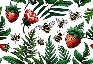 a delicate coloured realistic forest floor inspired tattoo, which must include: grass, ferns, small strawberries, a small flying bumblebee, dead leaves tattoo idea