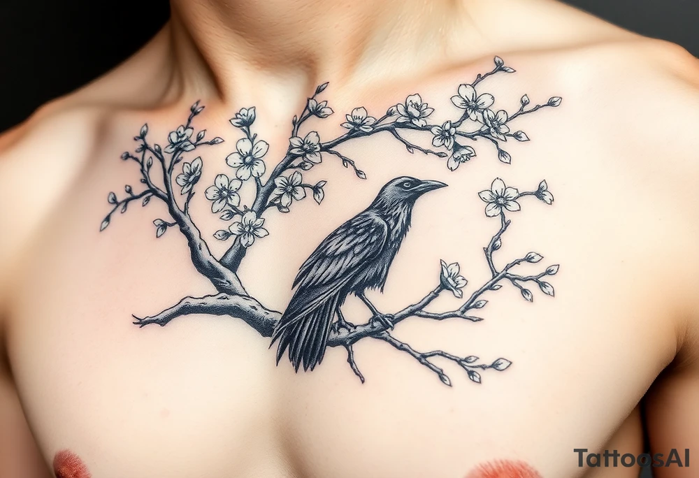 Japanese style cherry blossom tree with a raven in a branch tattoo idea