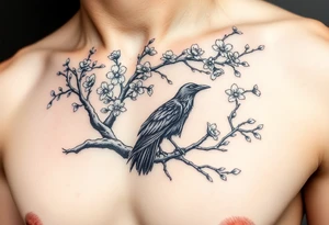 Japanese style cherry blossom tree with a raven in a branch tattoo idea