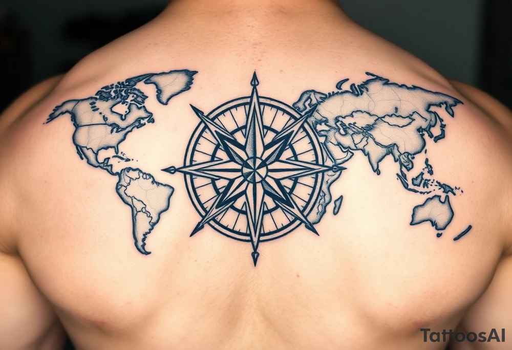 antique compass rose overlaid on weathered world map with sailing ships tattoo idea
