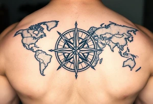 antique compass rose overlaid on weathered world map with sailing ships tattoo idea