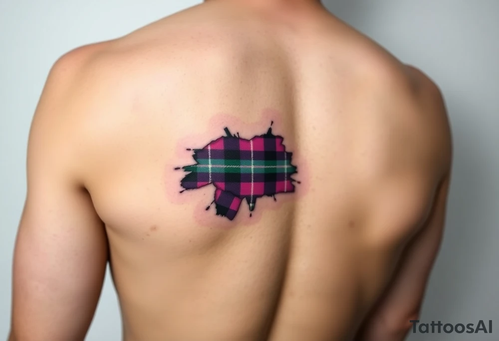 Dark Purple with green pink blue and white highlights tartan fabric on bicep with skin ripping away to reveal tartan underneath tattoo idea