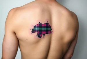 Dark Purple with green pink blue and white highlights tartan fabric on bicep with skin ripping away to reveal tartan underneath tattoo idea
