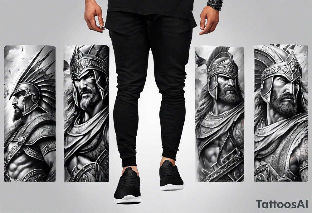 Full Leg sleeve the whole leg of the battle of 300 with a lot of Spartans tattoo idea