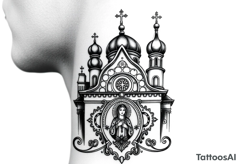 medium sized Russian orthodox church with bulb domes with a prominent russian orthodox coat of arms & virgin mary tattoo idea