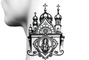 medium sized Russian orthodox church with bulb domes with a prominent russian orthodox coat of arms & virgin mary tattoo idea