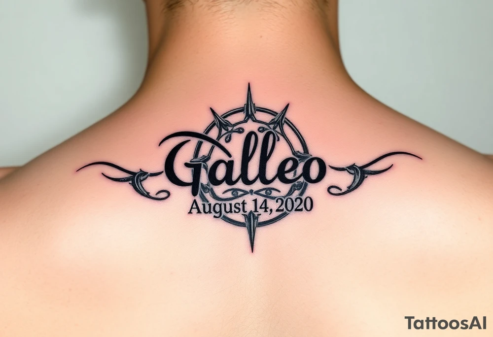 disney symbol with the name Galileo and the date August 14,2020, incorporated tattoo idea