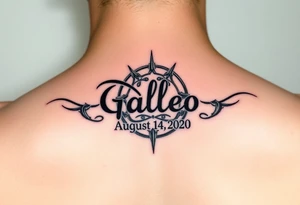 disney symbol with the name Galileo and the date August 14,2020, incorporated tattoo idea