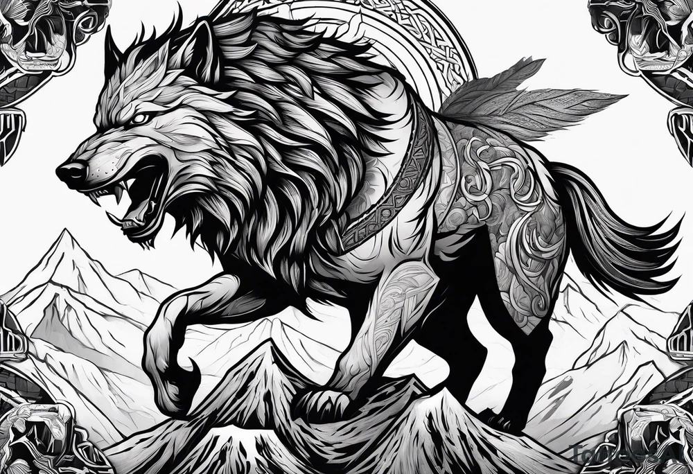 Odin Vs Fenrir with suminagashi art tattoo idea