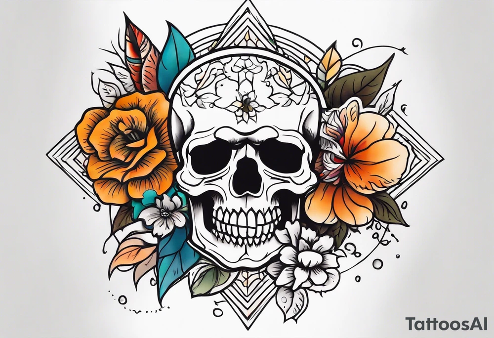 Old school center Knee tattoo with skulls, various flowers, water shapes and fall colors tattoo idea