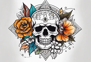 Old school center Knee tattoo with skulls, various flowers, water shapes and fall colors tattoo idea